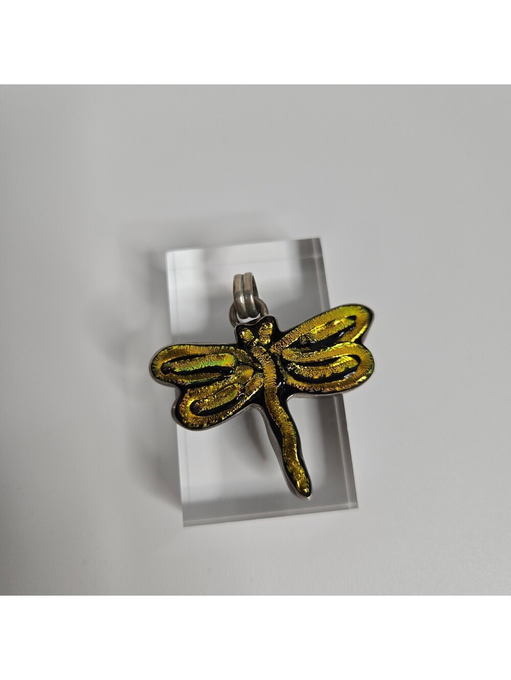 925 Sterling Silver Dichroic Glass Dragonfly Pendant Gold Art Glass Jewelry
